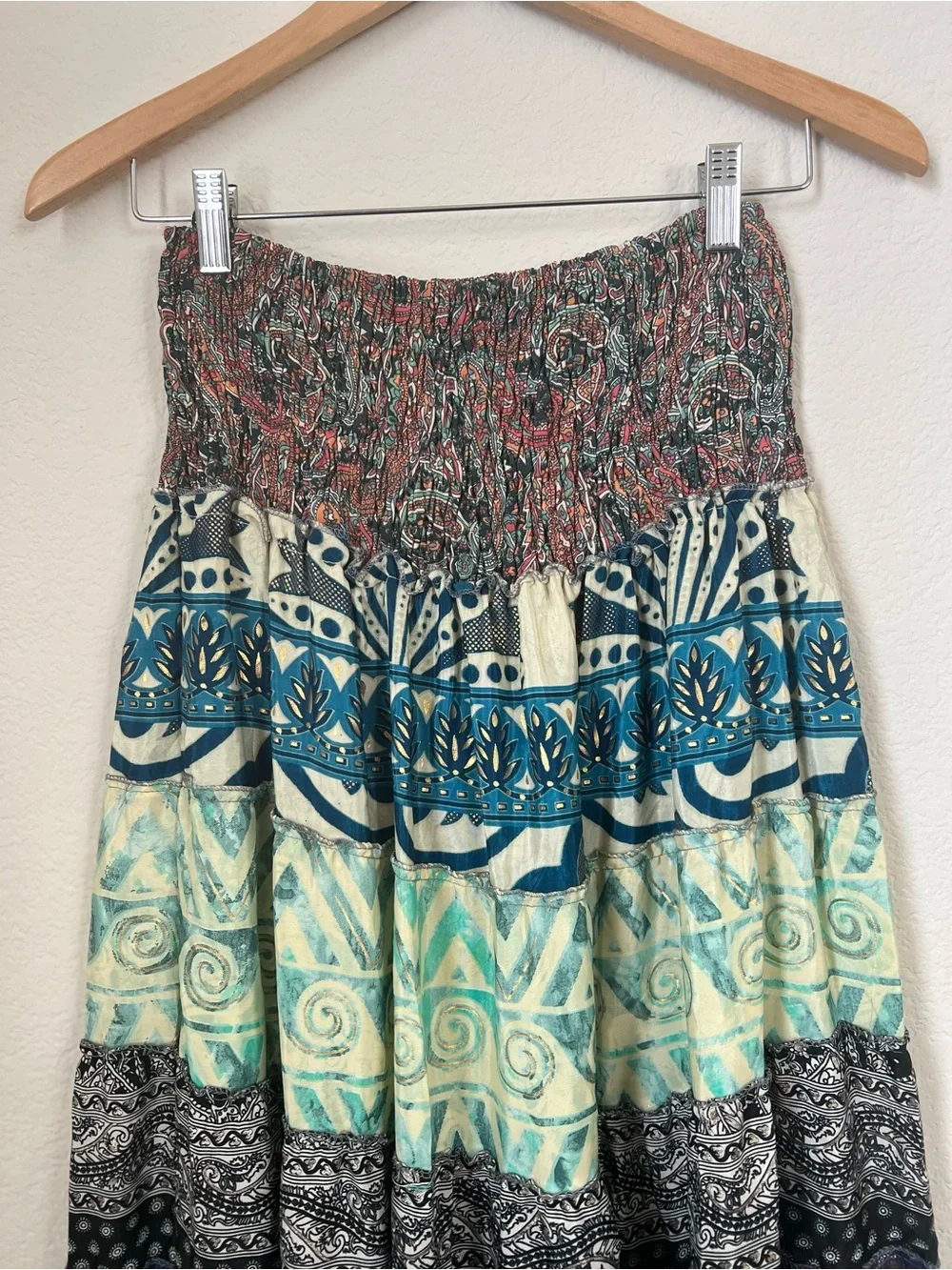 Recycled Silk Blend Floral Patchwork Tiered Ruffle Skirt Free Size Gypsy Boho